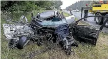  ?? STACY SQUIRES/ STUFF ?? The car involved in a fatal crash on Main South Rd, near Burnham, between Dunns Crossing Rd and Burnham Rd, yesterday.