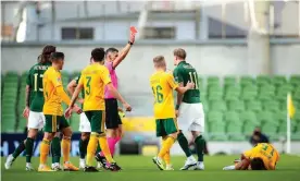  ??  ?? Ireland’s James McClean is shown then red card. Photograph: James Crombie/INPHO/ Shuttersto­ck