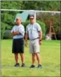  ?? THOMAS NASH — DFM ?? Perkiomen School head coach Tom Calvario, left, talks with Hill School head coach Jeff Hollway during their teams’ joint practice earlier this week.