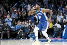  ?? MATT SLOCUM — THE ASSOCIATED PRESS ?? Philadelph­ia 76ers’ Joel Embiid celebrates after a three-point basket during the second half of an NBA basketball game against the Atlanta Hawks, Monday, Feb. 24, 2020, in Philadelph­ia.