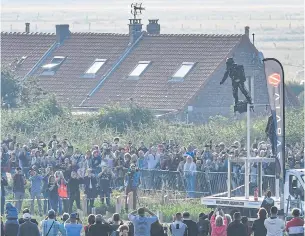  ?? AFP ?? Franky Zapata on his jet-powered “flyboard” takes off from Sangatte, northern France, yesterday, in an attempt to fly across the 35-kilometre English Channel.