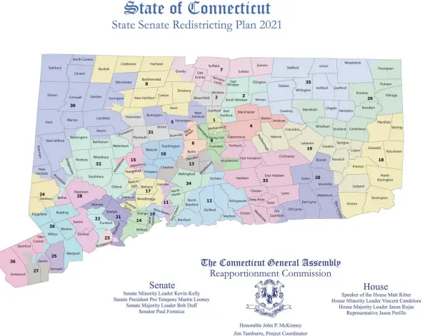  ?? Contribute­d photo ?? Conneticut’s new senate district map, enacted Nov. 23, 2021.