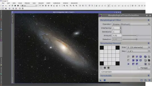  ??  ?? Morphologi­cal Transforma­tion is applied to reshape and shrink the stars. It will flatten the smaller stars helping to bring out detail in the main object