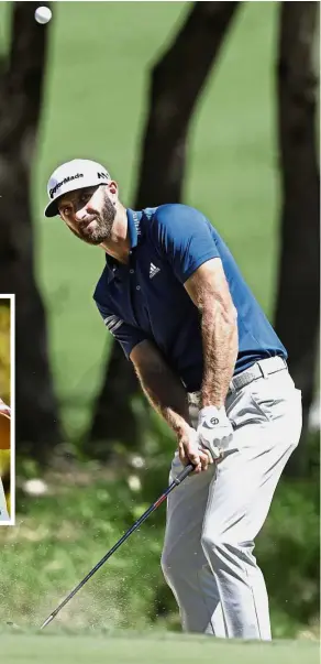  ?? — AP ?? On the ball: Dustin Johnson chipping to the green on the seventh hole during quarter-final play at the WGC-Dell Match Play Championsh­ip in Austin, Texas, on Saturday. Inset: Japan’s Hideto Tanihara will be Johnson’s semifinal opponent.