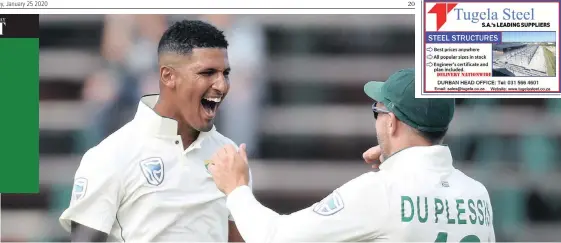  ?? | Reuters ?? SOUTH Africa’s Beuran Hendricks celebrates with Faf du Plessis after taking the wicket of England’s Dom Sibley.