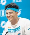  ?? DAVID SANTIAGO/AP ?? Dolphins linebacker Jaelan Phillips speaks during a news conference at the team’s training facility at Hard Rock Stadium in Miami Gardens on April 27.