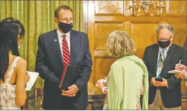  ?? (Arkansas Democrat-Gazette/Stephen Swofford) ?? State Health Secretary Nate Smith takes questions from the media Friday at the end of his last news conference as a state official. Smith will be taking a job with the federal Centers for Disease Control and Prevention in Atlanta.