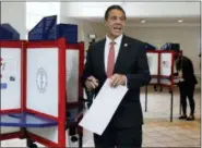  ?? THE ASSOCIATED PRESS RICHARD DREW ?? New York Gov. Andrew Cuomo speaks as he holds his primary election ballot at the Presbyteri­an Church of Mount Kisco, in Mount Kisco, N.Y., Thursday, Sept. 13, 2018.