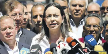  ?? (Photo: AFP) ?? CARACAS, Venezuela — Venezuelan Opposition Leader Maria Corina Machado speaks during a press conference outside her party headquarte­rs in Caracas on January 29, 2023. Machado, who has been disqualifi­ed from running in this year’s election, vowed Monday that President Nicolas Maduro would not get to choose his rival in the race.