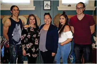  ??  ?? Marymound Cultural Team: (centre) Stephanie Zamora, Director of HR and Organizati­onal Developmen­t, and Indigenous Youth Mentors (L-R) Terence Ross, Raven Hart, Ivana Yellowback and Daman Morissette