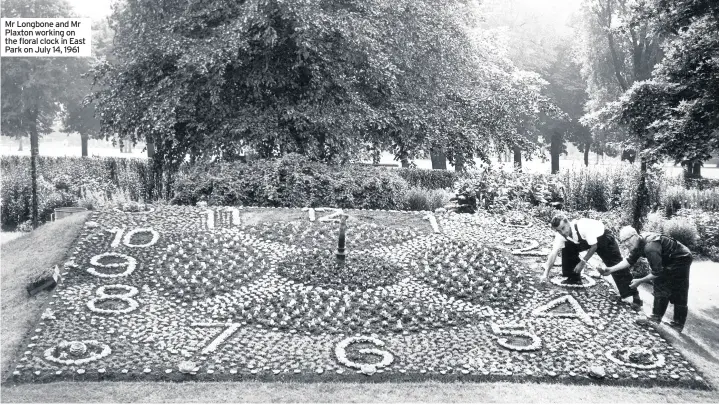  ??  ?? Mr Longbone and Mr Plaxton working on the floral clock in East Park on July 14, 1961