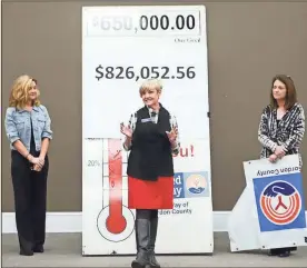  ?? SHELLY DORTCH / For the Calhoun Times ?? United Way of Gordon County Director Vickie Spence, center, unveils the campaign pledge total last week.
