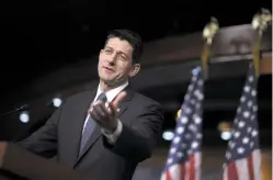  ??  ?? House Speaker Paul Ryan, R-Wis., speaks Thursday during a weekly news conference on Capitol Hill in Washington. The House on Thursday sounded the starting gun on legislativ­e efforts to cut taxes by as much as $1.5 trillion over the coming decade.