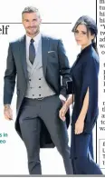  ??  ?? Split personalit­y: Victoria Beckham, with David at the royal wedding and, above, in a catsuit and her wedding dress in the Vogue video