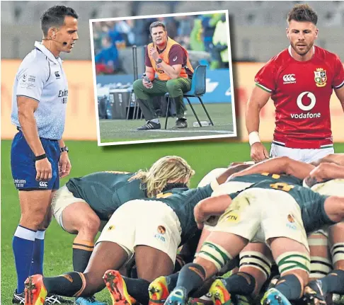  ?? ?? RIDICULOUS ALLEGATION­S: Aussie Nic Berry referees Boks v Lions in July and, inset, Rassie Erasmus at Murrayfiel­d.