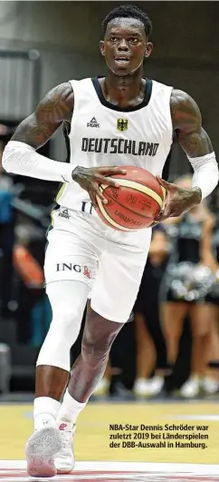  ??  ?? NBA-Star Dennis Schröder war zuletzt 2019 bei Länderspie­len der DBB-Auswahl in Hamburg.