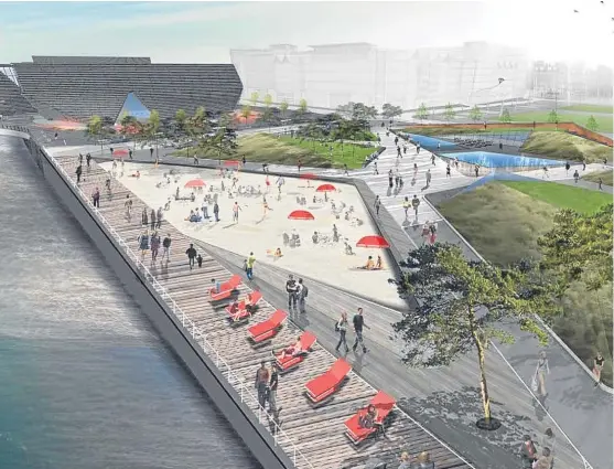  ??  ?? An artist’s impression of how the urban beach would look next to the V&A Museum at the redevelope­d waterfront in Dundee.