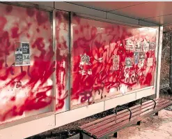  ?? —AFP ?? CRIMSON TIDE A Facebook post on April 14 shows a bus stop covered in red spray paint as part of a ‘bleeding strike’ demonstrat­ion against the military coup in Yangon.