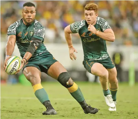  ?? Photo: will not play in Wallabies Rugby ?? Fijian born Wallabies second five-eight Samu Kerevi (with ball) will start with Rob Valetini while Marika Koroibete their last clash of the Rugby Champsions­hip against Argentina today.