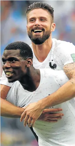 ?? Picture: GETTY IMAGES ?? PURE EXUBERANCE: Olivier Giroud grips Paul Pogba as they celebrate France’s win over Uruguay in their quarterfin­al clash at the Nizhny Novgorod Stadium in Russia on Friday.