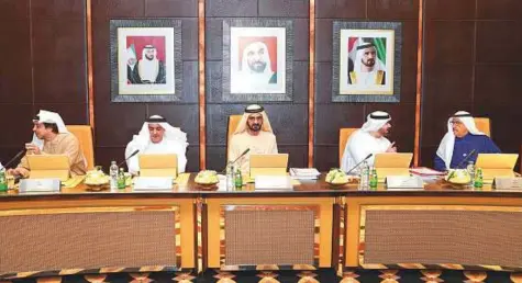  ?? WAM ?? Shaikh Mohammad chairs the Cabinet meeting in Abu Dhabi yesterday. Lt Gen Shaikh Saif, Shaikh Mansour, Shaikh Hamdan Bin Rashid Al Maktoum, Deputy Ruler of Dubai and Minister of Finance, and Mohammad Abdullah Al Gergawi, Minister of Cabinet Affairs and the Future, were present.