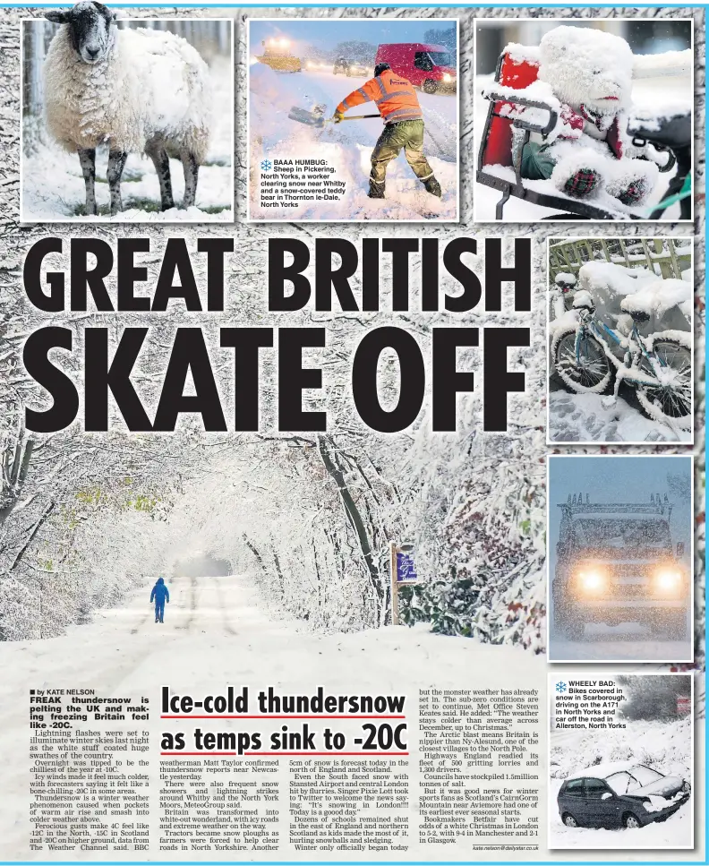  ??  ?? £Ê BAAA HUMBUG: Sheep in Pickering, North Yorks, a worker clearing snow near Whitby and a snow-covered teddy bear in Thornton le-Dale, North Yorks £Ê WHEELY BAD: Bikes covered in snow in Scarboroug­h, driving on the A171 in North Yorks and car off the...