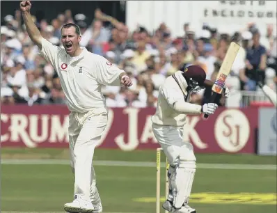  ??  ?? Yorkshire’s Craig White traps West Indies’ Brian Lara leg before in the fourth Test at Headingley in 2000.