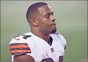  ?? John Kuntz, cleveland.com/John Kuntz, cleveland.com/cleveland.com/TNS ?? Cleveland Browns running back Nick Chubb walks off the field after their loss to the Kansas City Chiefs during their AFC Divisional Playoff game at Arrowhead Stadium on Jan. 17.