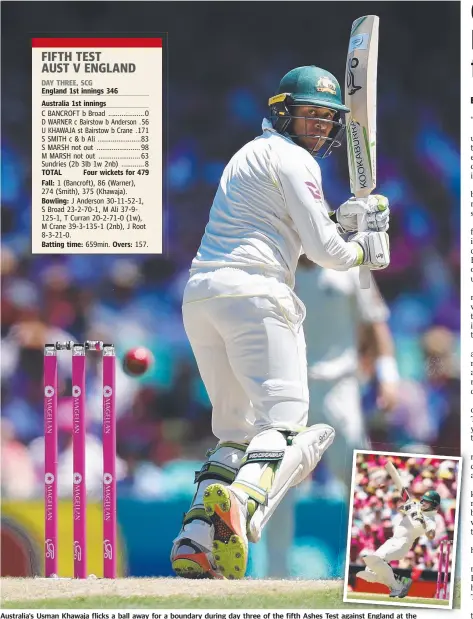  ?? Pictures: BRETT COSTELLO, GETTY ?? Australia's Usman Khawaja flicks a ball away for a boundary during day three of the fifth Ashes Test against England d at t the SCG as he makes his first Ashes century. Aussie skipper Steve Smith (inset) fell short of another ton