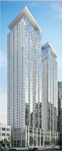  ?? ARTIST’S RENDERINGS COURTESY OF ROCCABELLA ?? The Roccabella, a twin-tower 40-storey condominiu­m complex being built on René-Lévesque Blvd. W. between Drummond and de la Montagne Sts., is currently selling units in Tower 1 with a view to delivery in 2015.