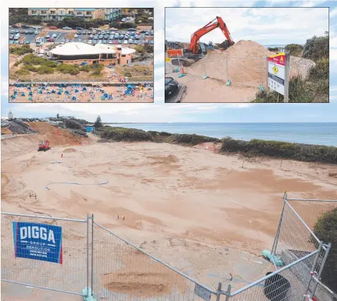  ?? Picture: ALAN BARBER ?? BIG DIG: Works at Ocean Grove main beach, where the Dunes cafe and lifesaving club building stood (top left).