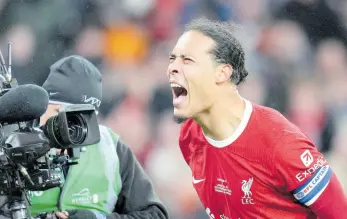  ?? AP ?? Liverpool’s Virgil van Dijk celebrates after scoring the winning goal in extra-time during the English League Cup final between Chelsea and Liverpool at Wembley Stadium in London yesterday.