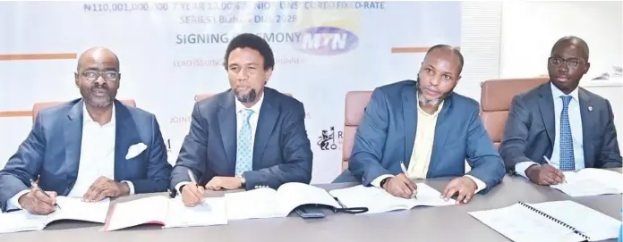  ??  ?? L-R: Bolaji Balogun, CEO, Chapel Hill Denham; Karl Toriola, CEO, MTN Nigeria; Modupe Kadiri, CFO, MTN Nigeria, and Funso Akere, chief executive, Stanbic IBTC Capital, at the N110 billion bond signing ceremony, which took place at MTN Nigeria’s corporate head office, Lagos, recently.