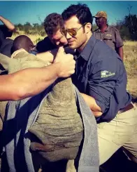  ??  ?? Top: Evan Antin assisting with horn trimming a Southern white rhino in South Africa. Middle: Trimming an Asiatic elephant hoof in Nepal. Bottom: With a Philippine crocodile.