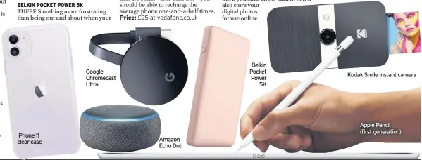  ??  ?? IPhone 11 clear case
Google Chromecast Ultra
Amazon Echo Dot
Belkin Pocket Power 5K
Kodak Smile Instant camera
Apple Pencil (first generation)