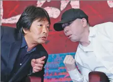  ??  ?? Left: Director Feng Xiaogang (right) talks to author Liu Zhenyuan at a forum. Right: Jackie Chan promotes his action films during the Shanghai event.