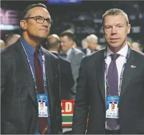  ?? GETTY IMAGES/FILES ?? Red Wings general manager Steve Yzerman, left, with director of amateur scouting Kris Draper at the 2019 NHL entry draft in Vancouver, has said publicly that he’s not in favour of the league holding the 2020 draft in June, before the season ends.