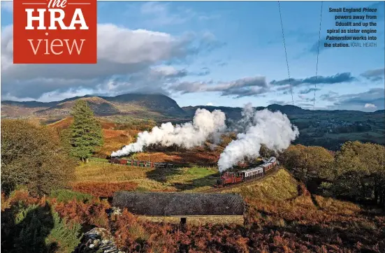  ?? KARL HEATH ?? Small England Prince powers away from Dduallt and up the spiral as sister engine Palmerston works into the station.