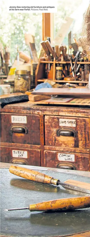  ?? Pictures: Paul Reid. ?? Jeremy Gow restoring old furniture and antiques at his farm near Forfar.