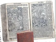  ??  ?? Cover and inside pages of the 1536 Tyndale Bible found in a pile of antiquaria­n books