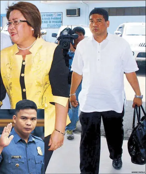  ?? GEREMY PINTOLO ?? Undated photo now going viral shows then justice secretary Leila de Lima escorted by driver Ronnie Dayan at a press event. Inset shows PO2 Alipio Balo Jr. and PO1 Michael Tomas of the Pasay police, accused of summary execution, taking their oath during...