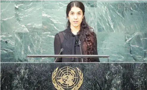  ?? UN PHOTO BY CIA PAK VIA THE ASSOCIATED PRESS FILES ?? Human rights activist and former prisoner of ISIL Nadia Murad addresses the UN General Assembly in 2016.