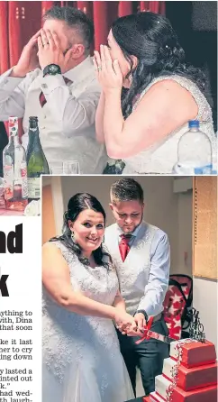  ??  ?? Relieved newlyweds Dina and Johnny cut the real cake at their wedding reception in Dawlish, Devon