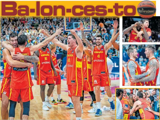  ?? ?? Los jugadores de la Selección celebran el pase a la final. Parra y Garuba bromean, los hermanos Hernangóme­z se abrazan y Rudy besa a su mujer, la modelo Helen Lindes.