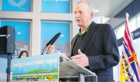  ?? BEN NELMS ?? Burnaby Mayor Derek Corrigan, the Mayors’ Council chairman, says Friday’s announceme­nt of funding sources for regional portion of the second phase of the council’s $7-billion transit plan is “a huge win for transit users, for drivers, for cyclists and for pedestrian­s.”