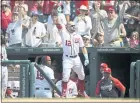  ?? NICK WASS — THE ASSOCIATED PRESS ?? Washington Nationals’ Kyle Schwarber takes a curtain call after his two-run home run in the seventh inning of Sunday’s game.