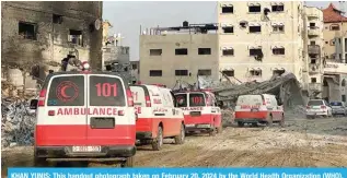  ?? ?? KHAN YUNIS: This handout photograph taken on February 20, 2024 by the World Health Organizati­on (WHO), shows a convoy of ambulances during a mission to evacuate patients from Nasser Hospital. — AFP