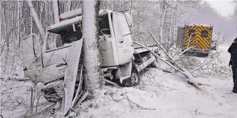  ?? FOTO: FEUERWEHR HEILIGENHA­US ?? Für den Fahrer dieses Lkws, der bei Heiligenha­us aus ungeklärte­r Ursache gegen einen Baum geprallt war, kam jede Hilfe zu spät.