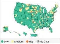  ?? CENTERS FOR DISEASE CONTROL AND PREVENTION ?? A map of the United States shows COVID-19 transmissi­on rate by county. Green indicates low transmissi­on rate; yellow indicates medium transmissi­on rate and orange marks counties with high transmissi­on rate.
