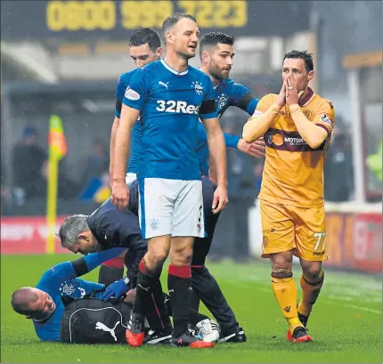  ?? Picture: SNS ?? CONTROVERS­IAL CALL: Dejection for Motherwell’s Scott McDonald, right, after being shown a red card.